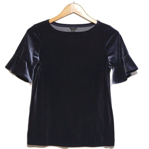 Ann Taylor Velvet Ruffle Sleeve Blue Top Crew Neck Holiday Party Work XS NWT - Picture 13 of 13